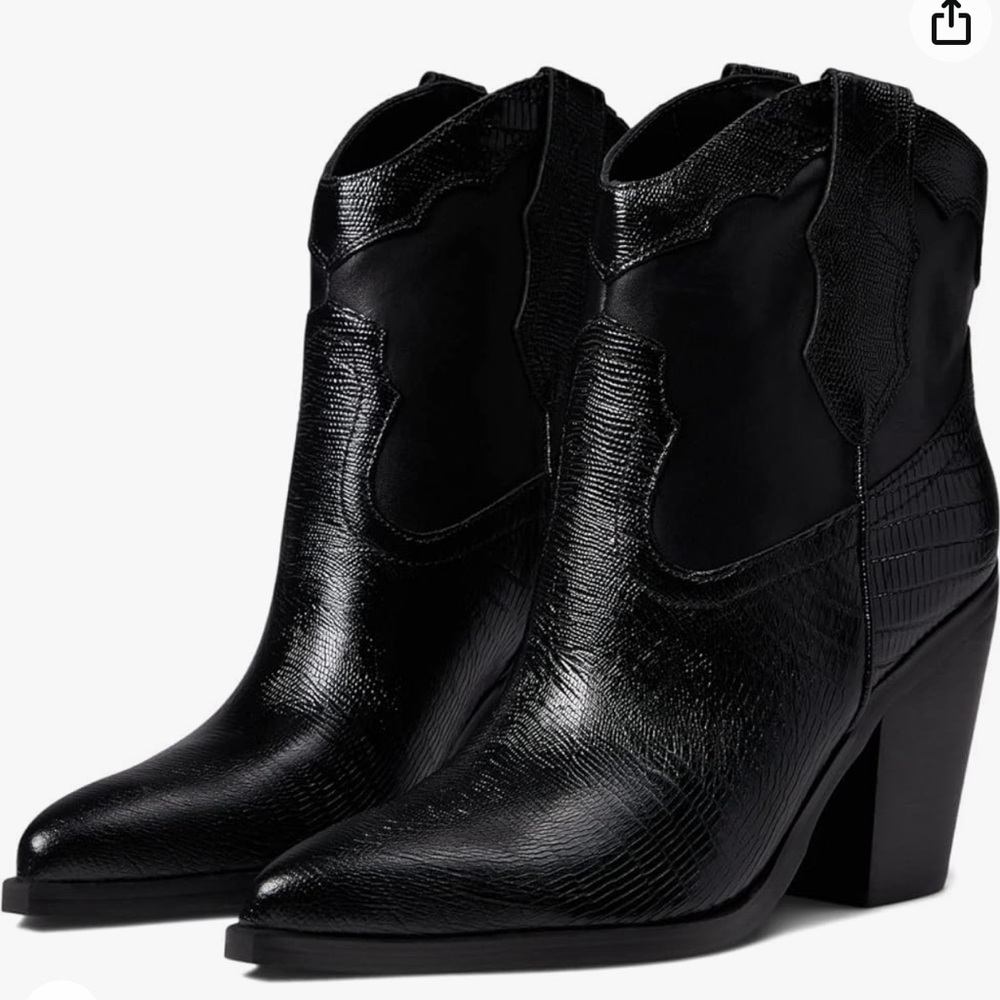 Marc Fisher LTD Black Embossed Gona Leather Pull on Western Boot Pointy …
